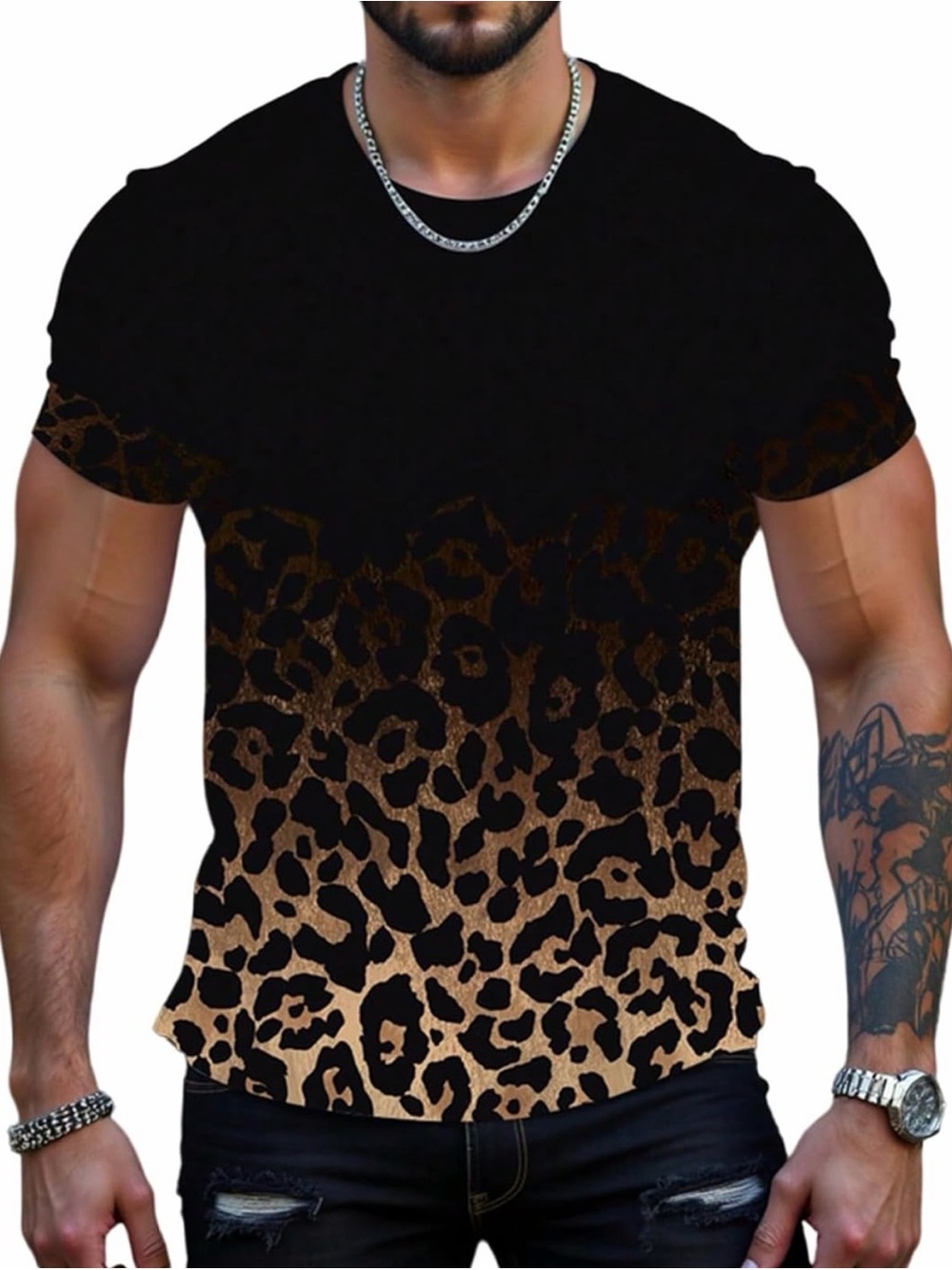 RoseSeek Men's Leopard Ombre Summer Tops Slim Fit Short Sleeve XL
